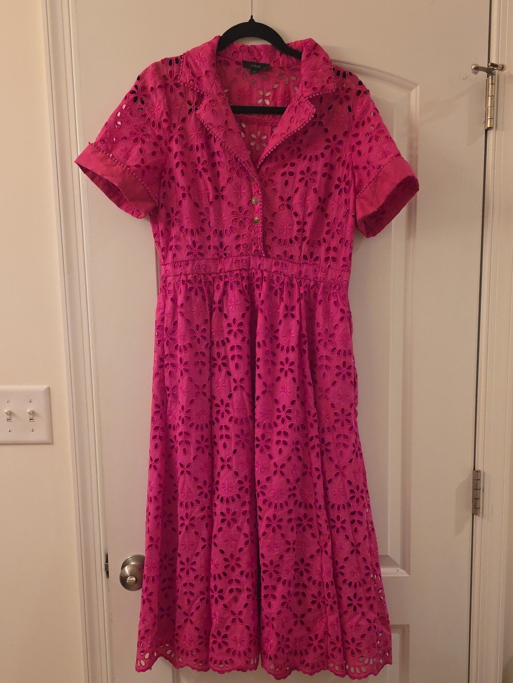 J. Crew Hot Pink Eyelet Collared Midi Dress